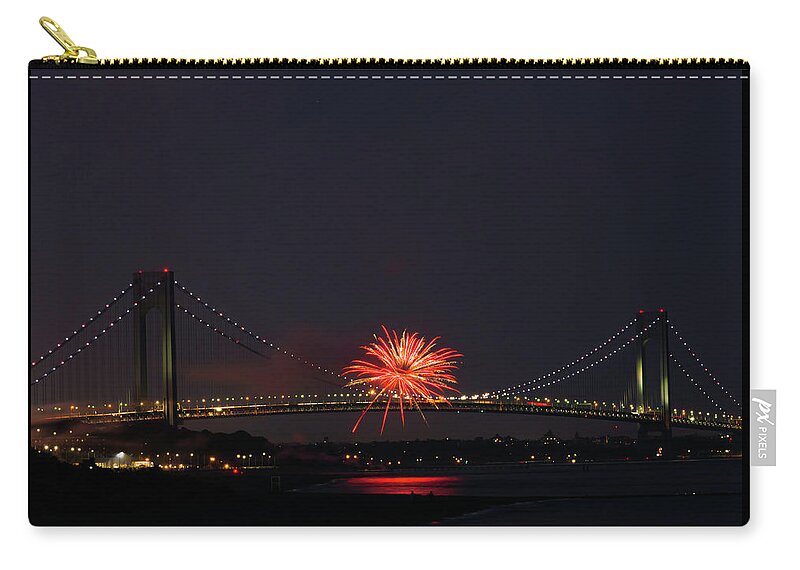 Fireworks Over The Verrazano Narrows Bridge Landscape Zip Pouch featuring the photograph Fireworks by Kenneth Cole