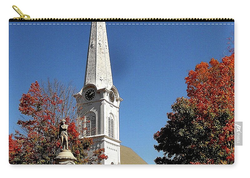 Church In Manchester Carry-all Pouch featuring the photograph First Congregational Church and Ethan Allen Revolutionary War Patriot Statue in Manchester Vermont by Linda Stern