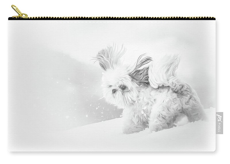 Puppy Zip Pouch featuring the photograph First Snow by Joy McAdams
