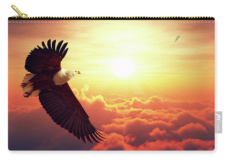 Eagle Zip Pouch featuring the photograph Fish Eagle flying above clouds by Johan Swanepoel