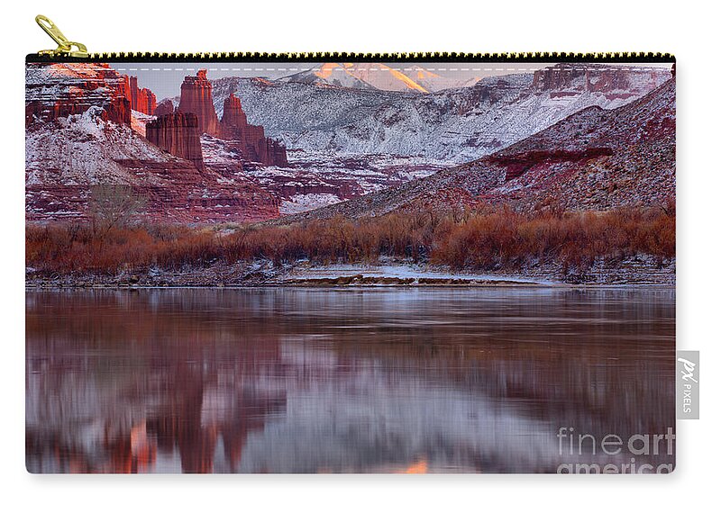 Fisher Towers Zip Pouch featuring the photograph Fisher Towers Fading Sunset by Adam Jewell