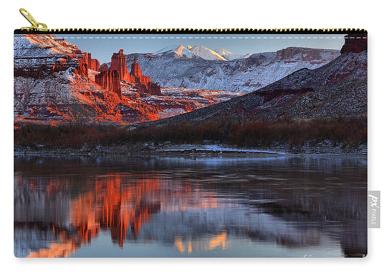 Fisher Towers Zip Pouch featuring the photograph Fisher Towers Sunset On The Colorado by Adam Jewell