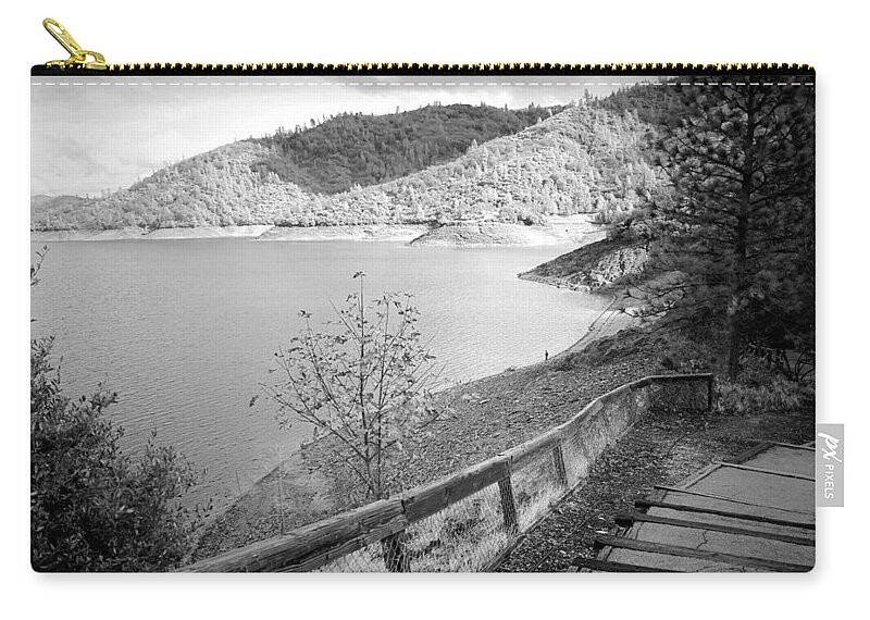 Shasta Zip Pouch featuring the photograph Fishermans Point Shasta Lake B and W by Joyce Dickens