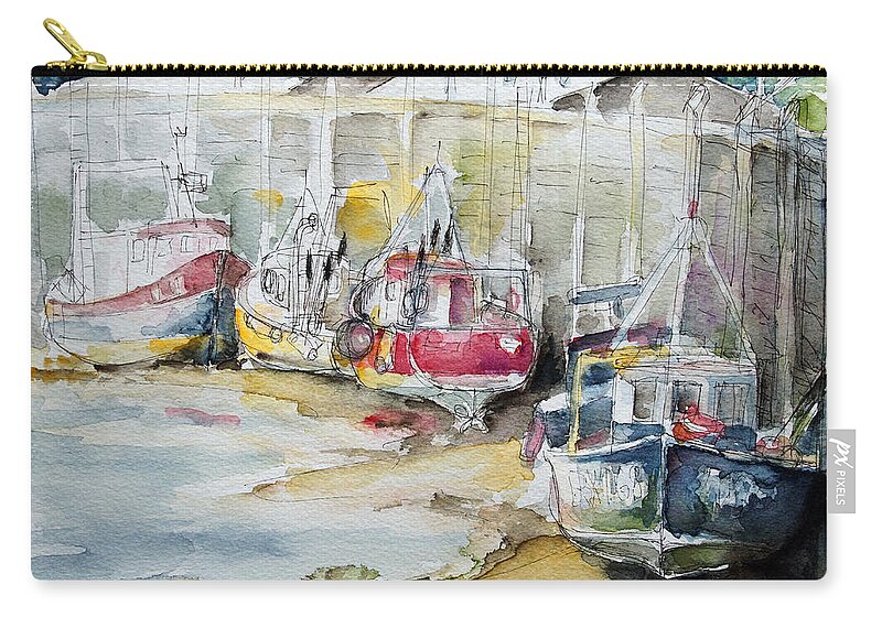 Summer Zip Pouch featuring the painting Fishing Boats Settled Aground During Ebb Tide by Barbara Pommerenke