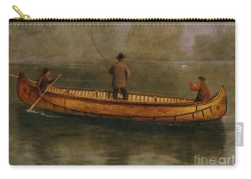 Fishing From A Canoe (oil On Canvas) American; Landscape; Lake; Kayak; Male; Leisure; Pastime; Paddle; Water Zip Pouch featuring the painting Fishing from a Canoe by Albert Bierstadt