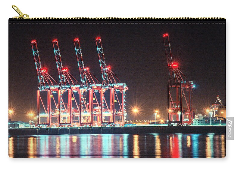 Beach Zip Pouch featuring the photograph five cranes at Port of Liverpool by Spikey Mouse Photography