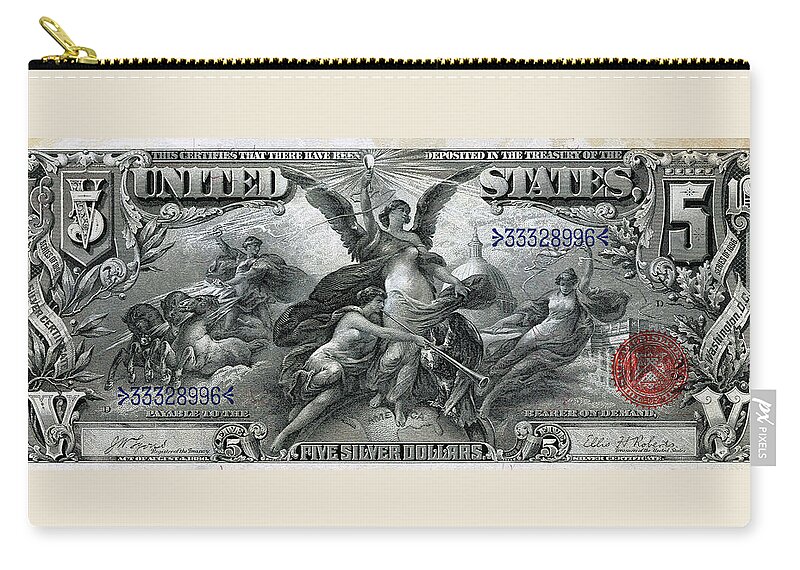 'paper Currency' By Serge Averbukh Zip Pouch featuring the digital art Five Dollar Note - 1896 Educational Series by Serge Averbukh