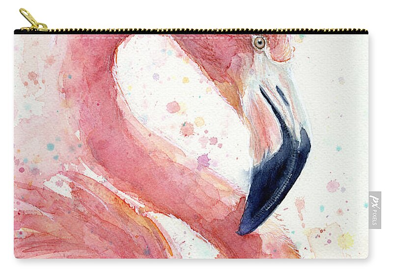 Watercolor Flamingo Zip Pouch featuring the painting Flamingo - Facing Right by Olga Shvartsur