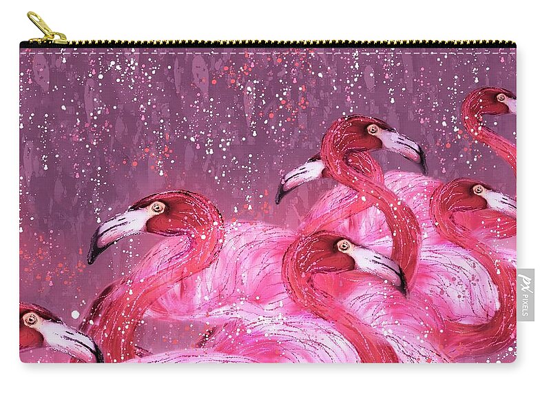 Flamingo Art Zip Pouch featuring the painting Flamingo Frenzy by Barbara Chichester