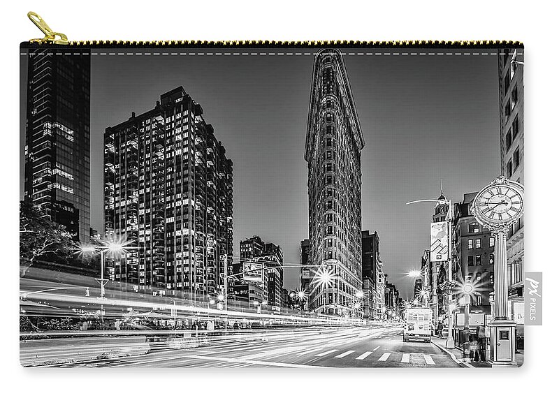 Flatiron Building Zip Pouch featuring the photograph Flatiron 5th Ave Clock NYC BW by Susan Candelario
