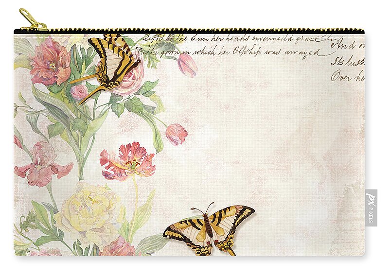 Butterfly Zip Pouch featuring the painting Fleurs de Pivoine - Watercolor w Butterflies in a French Vintage Wallpaper Style by Audrey Jeanne Roberts