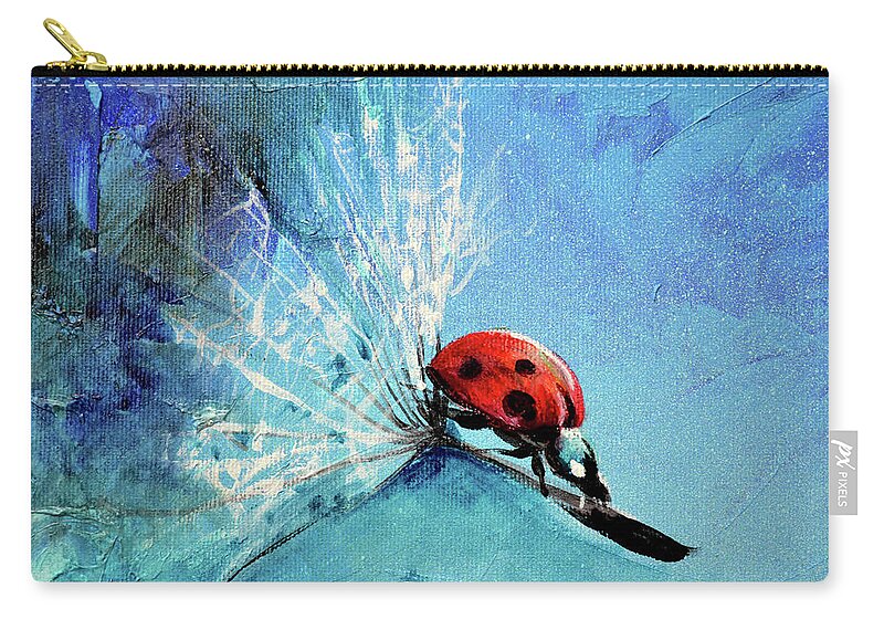 Ladybug Zip Pouch featuring the painting FLIRT - Ladybug on Dandelion Seed Painting by Soos Roxana Gabriela Art Print by Soos Roxana Gabriela