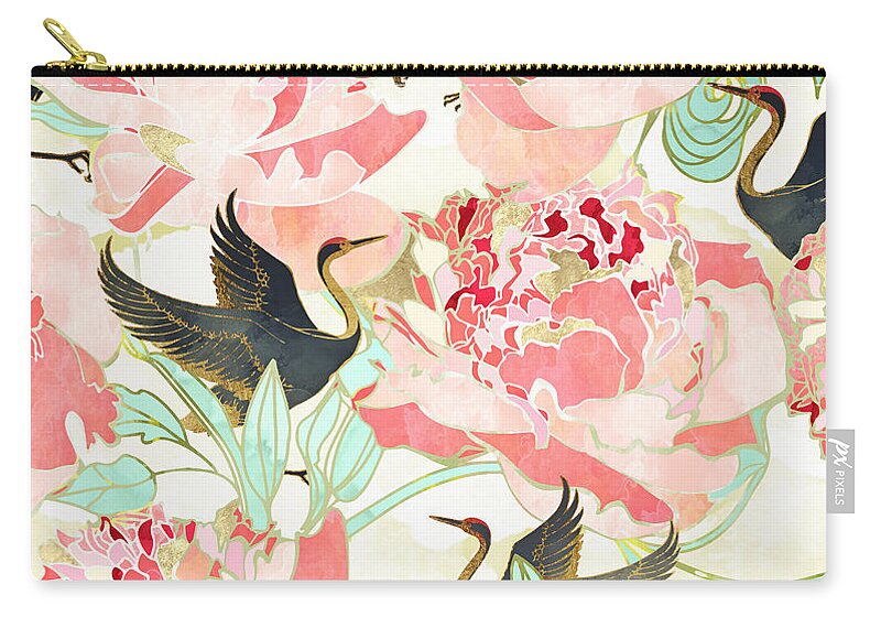 Floral Zip Pouch featuring the digital art Floral Cranes by Spacefrog Designs