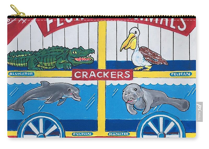 Florida Animal Crackers Alligator Pelican Dolphin Manatee Nabisco Bisnaco Barnum Animalcrackers Circus Cookie Childhood Zip Pouch featuring the painting Florida Animal Crackers by Jonathan Morrill