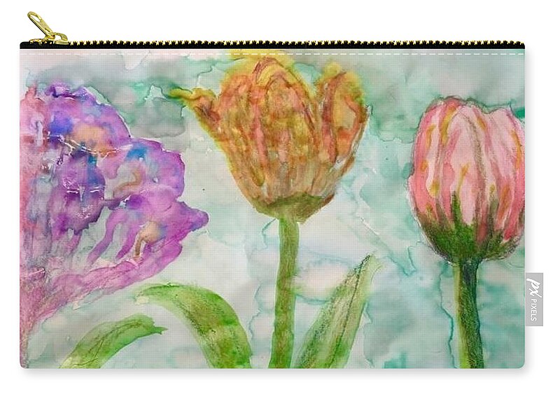 Watercolor Print Zip Pouch featuring the painting Tulips a'bloom by Dottie Visker