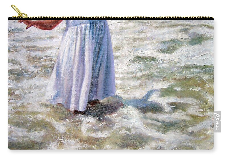 Children At Beach Zip Pouch featuring the painting Flying in the Surf by Marie Witte