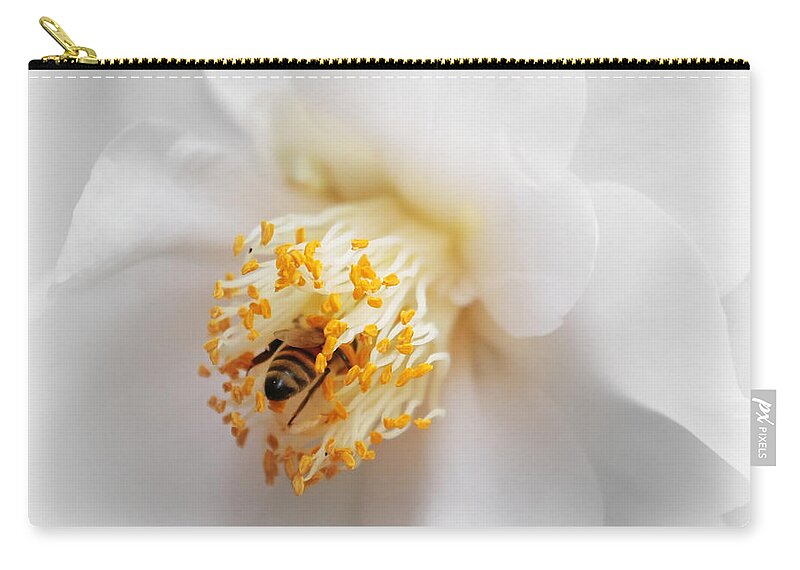 Nature Zip Pouch featuring the photograph Focus on Bee in White Camellia by Carol Groenen