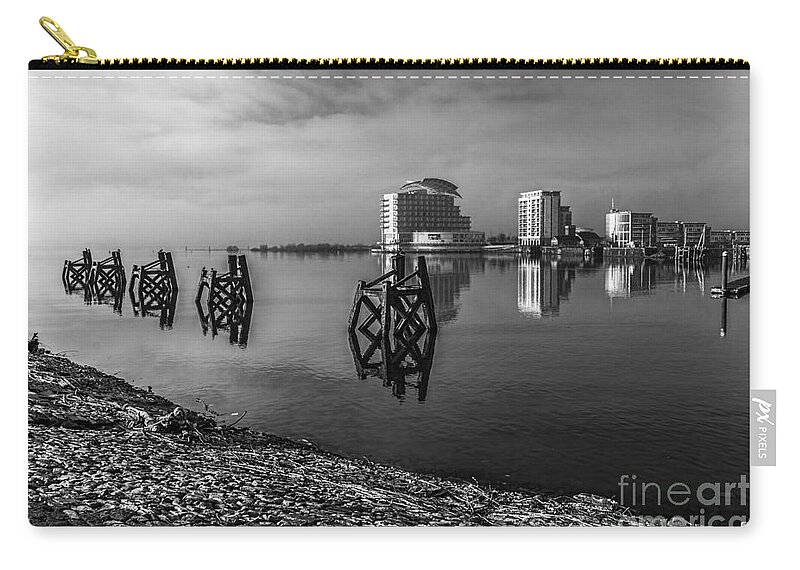 Cardiff Bay Zip Pouch featuring the photograph Fog In The Bay 1 Mono by Steve Purnell