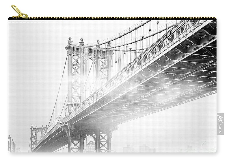 Manhattan Bridge Zip Pouch featuring the photograph Fog Under The Manhattan BW by Az Jackson