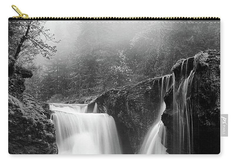 Waterfall Zip Pouch featuring the photograph Foggy Falls Monochrome by Darren White