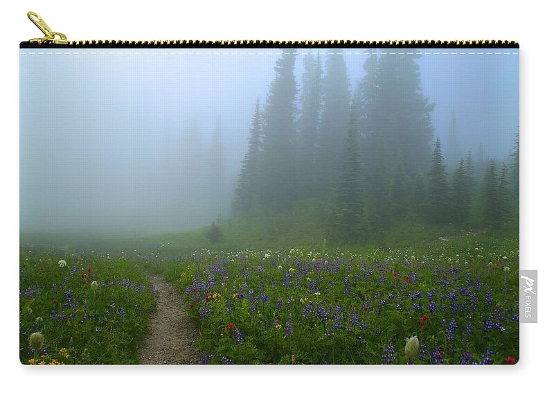 Foggy Morning At Tipsoo Zip Pouch featuring the photograph Foggy morning at Tipsoo by Lynn Hopwood