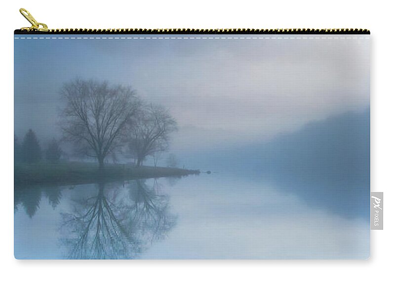 Foggy Morning Lake Sunrise Zip Pouch featuring the photograph Foggy Morning Lake Sunrise by Randy Steele