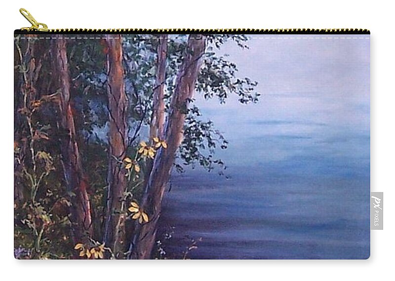Tree Zip Pouch featuring the painting Foggy Riverbank by Virginia Potter