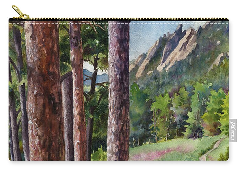 Lodgepole Pine Trees Painting Zip Pouch featuring the painting Follow Me by Anne Gifford