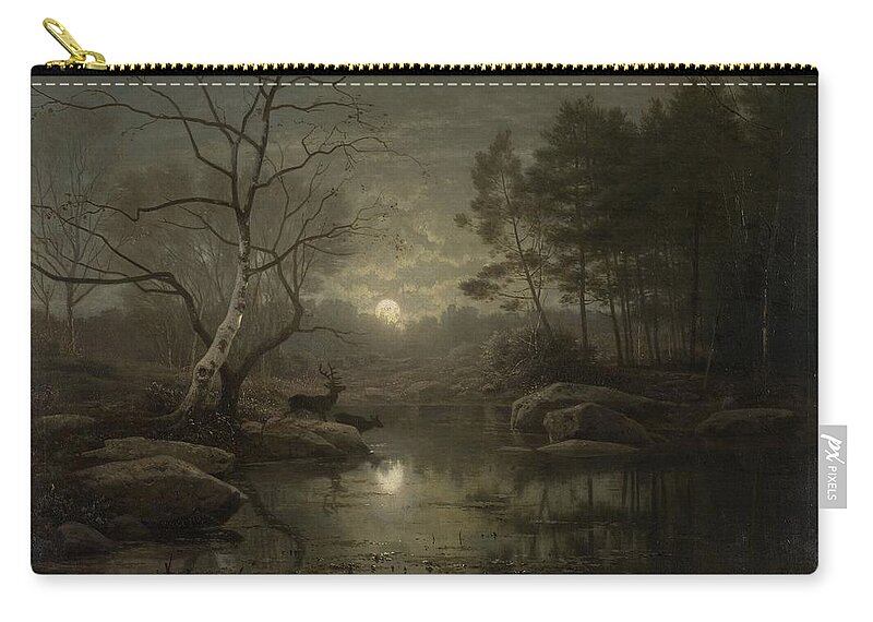 Forest Landscape In The Moonlight Zip Pouch featuring the painting Forest Landscape in the Moonlight by MotionAge Designs