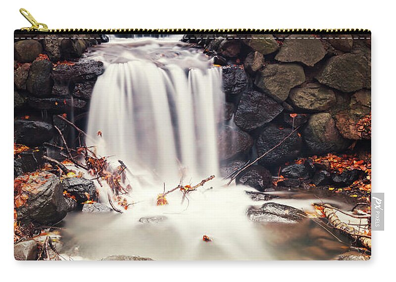 Autumn Zip Pouch featuring the photograph Forest waterfall by foot bridge by Sophie McAulay