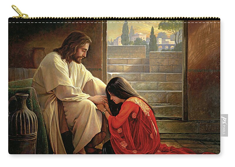 Jesus Zip Pouch featuring the painting Forgiven by Greg Olsen