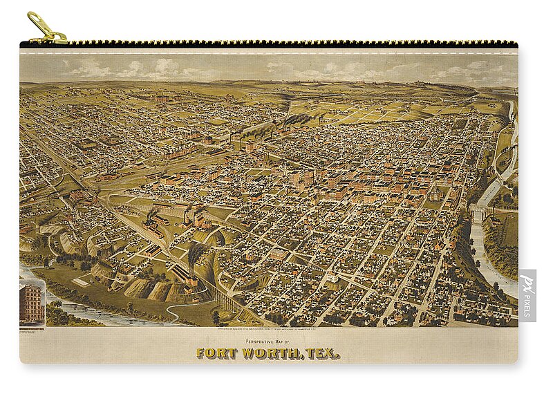 Texas Zip Pouch featuring the digital art Fort Worth 1891 by Henry Wellge by Texas Map Store