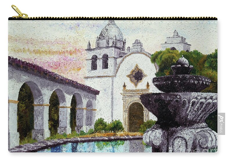 Carmel Zip Pouch featuring the painting Fountain at Carmel by Laura Iverson
