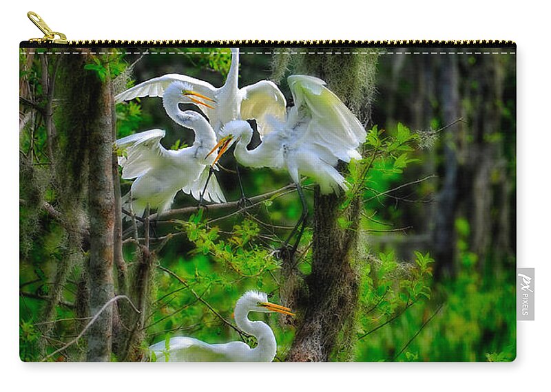 Birds Zip Pouch featuring the photograph Four Egrets in Tree by Harry Spitz