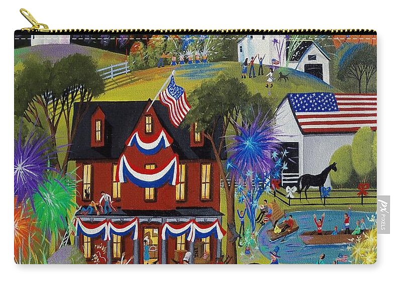 Farm Zip Pouch featuring the painting Fourth Of July - Fireworks on the farm by Debbie Criswell