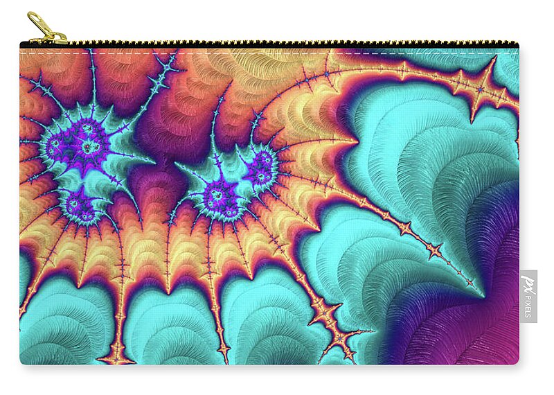 Fractal Zip Pouch featuring the digital art Fractal beams full of energy purple aqua orange by Matthias Hauser