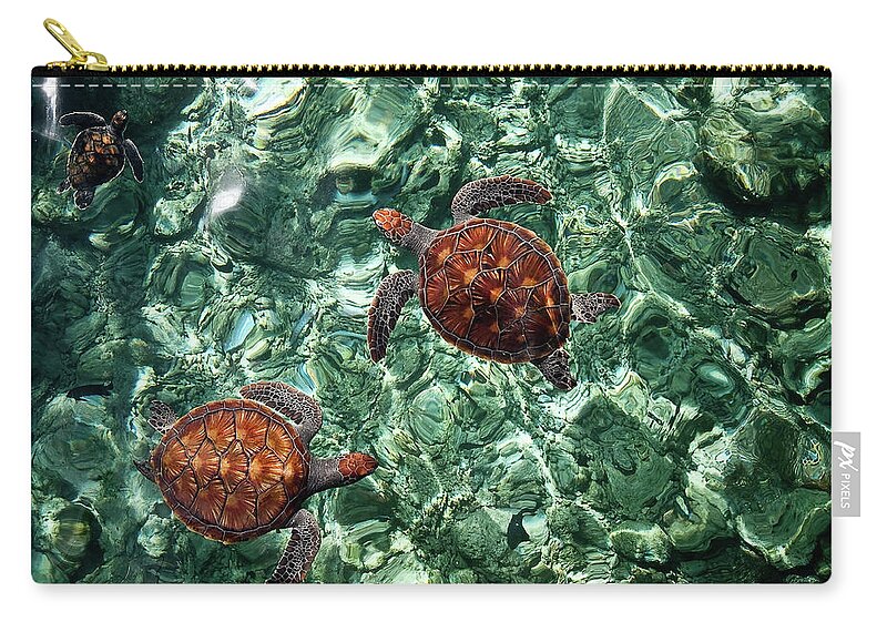 Jenny Rainbow Fine Art Photography Zip Pouch featuring the photograph Fragile Underwater World. Sea Turtles in a Crystal Water. Maldives by Jenny Rainbow