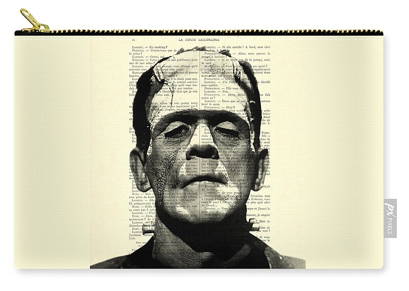 Black And White Zip Pouch featuring the digital art Frankenstein on dictionary page by Madame Memento