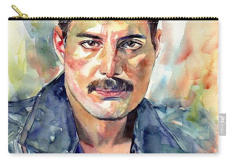 Freddie Zip Pouch featuring the painting Freddie Mercury portrait by Suzann Sines