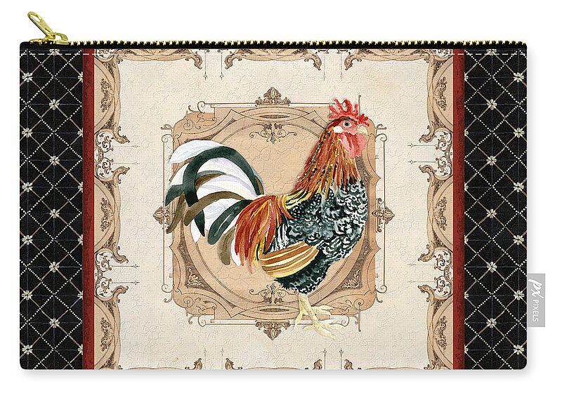 Etched Carry-all Pouch featuring the painting French Country Roosters Quartet Black 1 by Audrey Jeanne Roberts