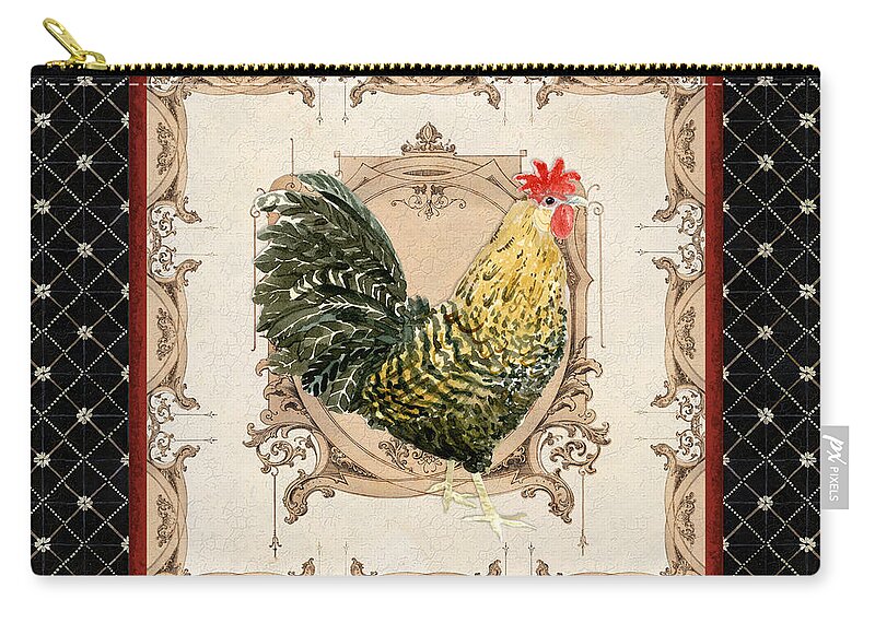 Etched Carry-all Pouch featuring the painting French Country Roosters Quartet Black 3 by Audrey Jeanne Roberts