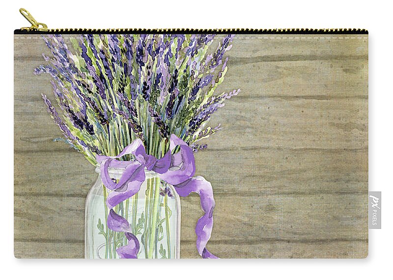 Watercolor Carry-all Pouch featuring the painting French Lavender Rustic Country Mason Jar Bouquet on Wooden Fence by Audrey Jeanne Roberts