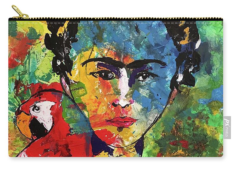 Frida Zip Pouch featuring the painting Frida and Parrot Uno by Elaine Elliott