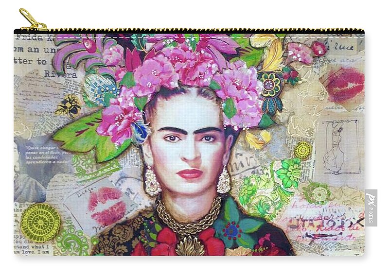 Frida Kahlo Zip Pouch featuring the mixed media Frida Kahlo by Carrie Eckert