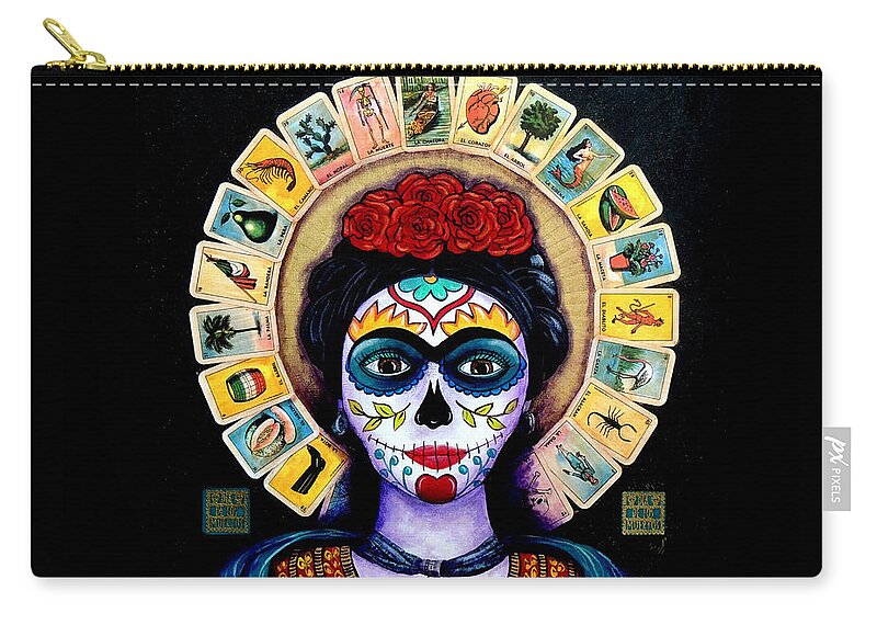 Dia De Los Muertos Zip Pouch featuring the painting Frida Loteria by Candy Mayer