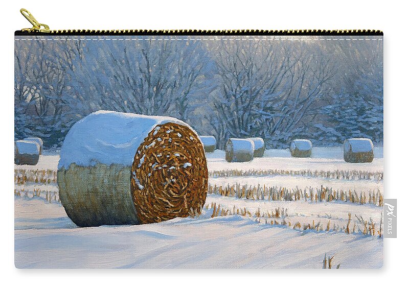 Landscape Painting Zip Pouch featuring the painting Frigid Morning Bales by Bruce Morrison