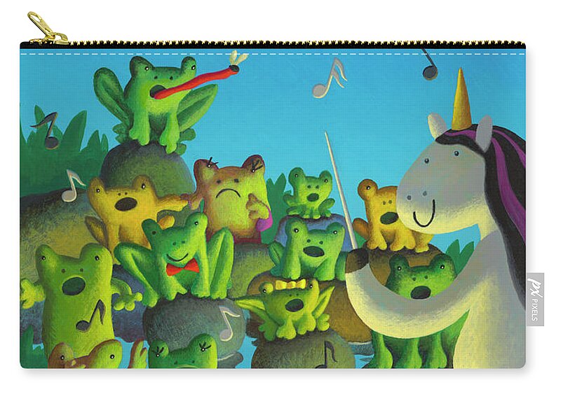 Chris Miles Frogs Unicorn Singing Choir Music Moonlight Swamp Zip Pouch featuring the painting Frog Choir by Chris Miles