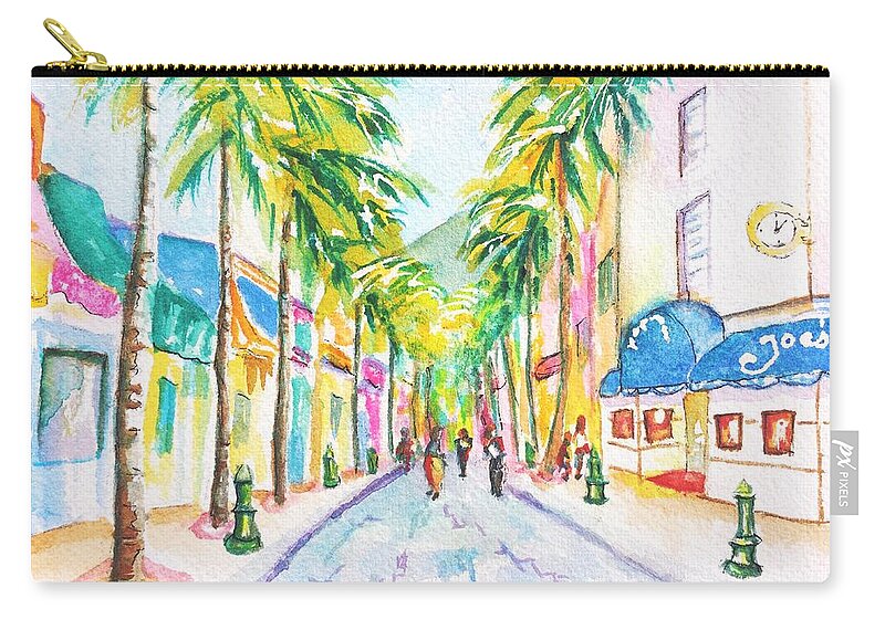 St. Martin Zip Pouch featuring the painting Front Street Philipsburg St. Maarten by Carlin Blahnik CarlinArtWatercolor