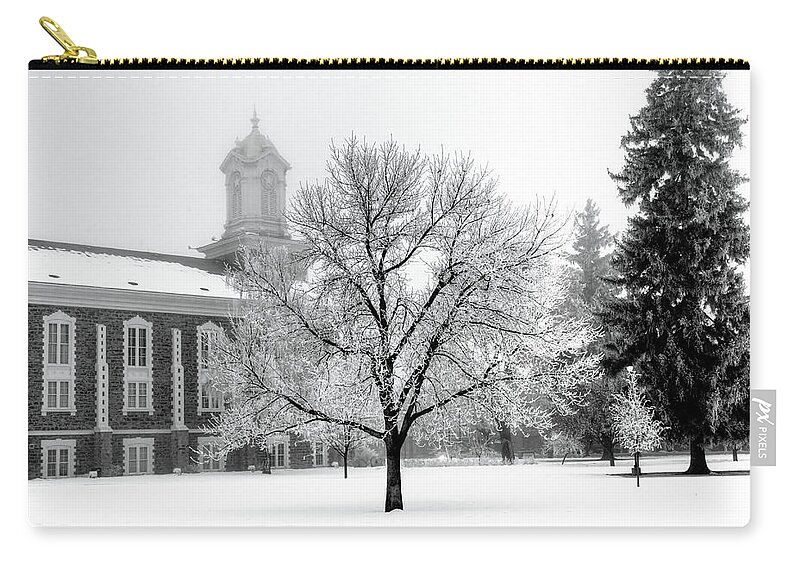 Frost Zip Pouch featuring the photograph Frosted Tree and the Tabernacle by David Andersen