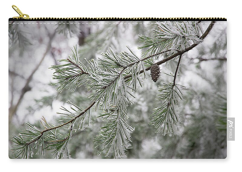 Frost Zip Pouch featuring the photograph Frosty Pinecone by Mike Eingle